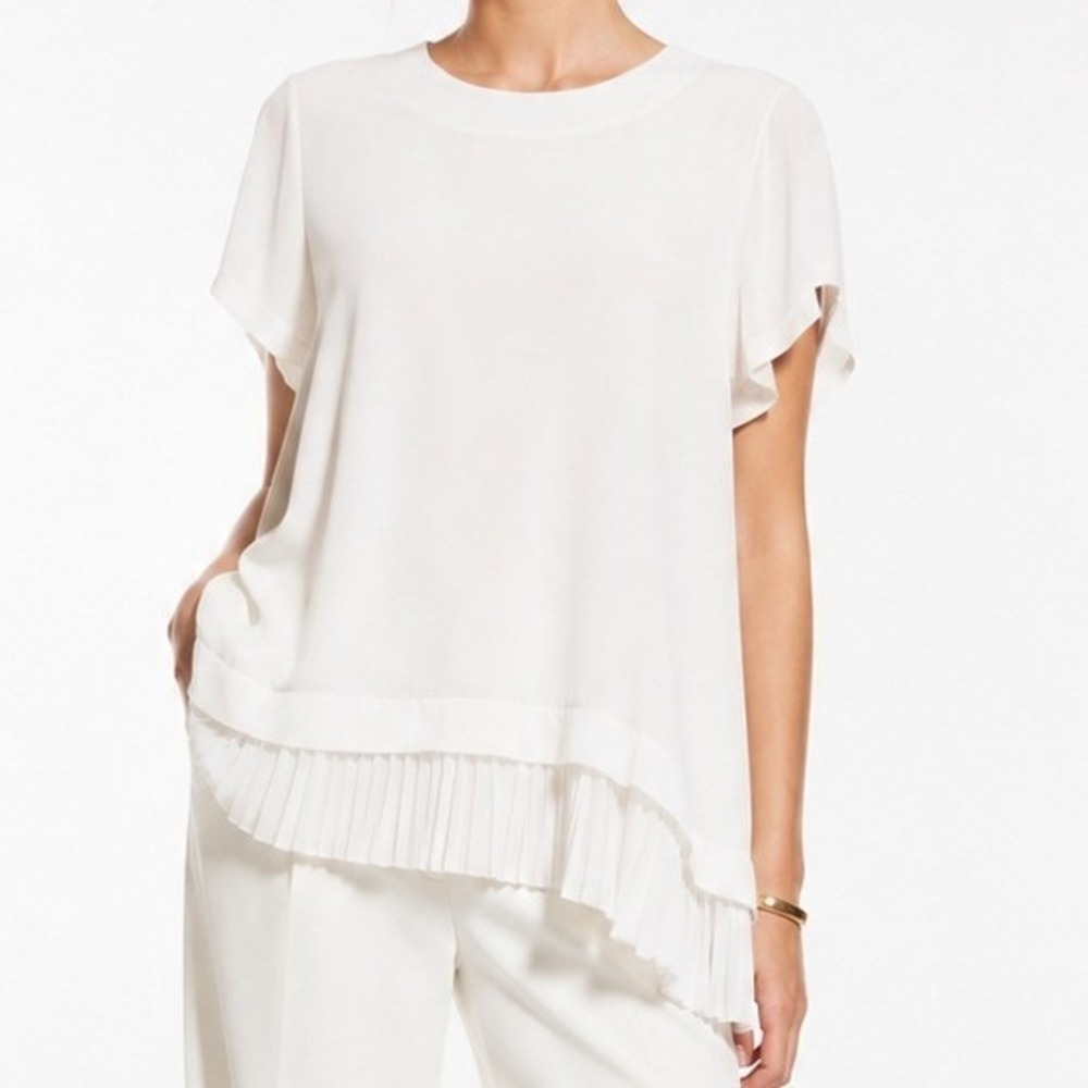 Molly Bracken Womens Minimalist White Pleated Hem Short Sleeve Button Blouse